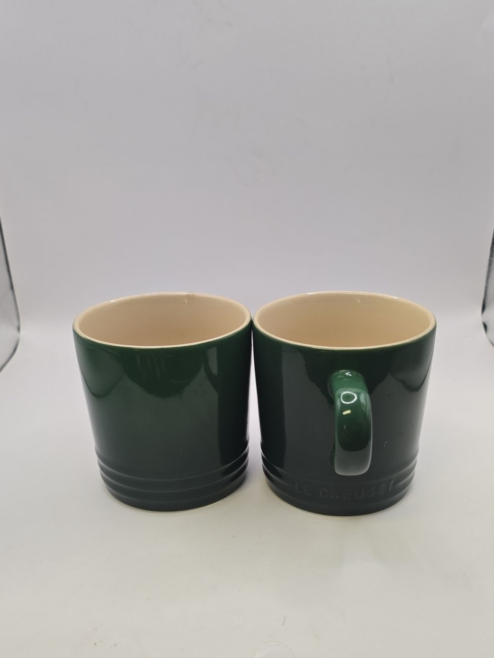 New Le Creuset Stoneware Coffee Mugs Set of 2 Forest Green Cream Interior